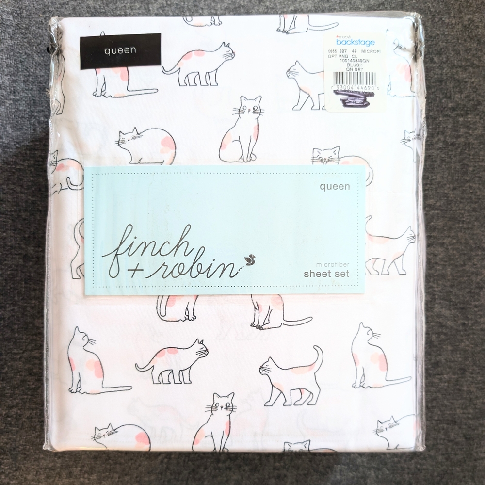 FINCH + ROBIN Queen Sheet Set Cute Cats Blush Outlines NEW